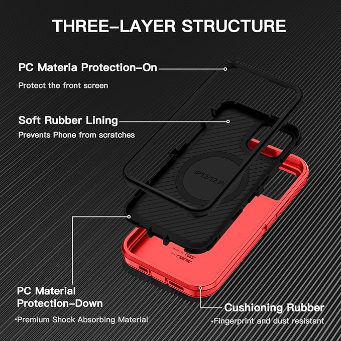 for iPhone 12 Case,iPhone 12 Pro Case [Compatible with MagSafe] Shockproof 3-Layer Full Body Protection Rugged Heavy Duty Cover for Apple iPhone 12/12 Pro 6.1",Red/Black