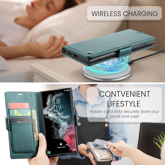 Case for Samsung Galaxy S22 Ultra Wallet Case, RFID Blocking PU Leather Flip Folio Cover Card Holder Kickstand Shockproof Phone Case Compatible with Samsung Galaxy S22 Ultra, Blue Green