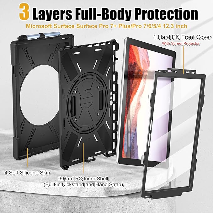 BRAECNstock Silicone Case for Microsoft Surface Pro 7+ Plus/Pro 7/6/5/4 12.3" Rugged Surface Pro 7+/7/6/5/4 Kids Cover with Screen Protector Rotating Hand Strap+Stand Pen Holder Shoulder Strap - Black