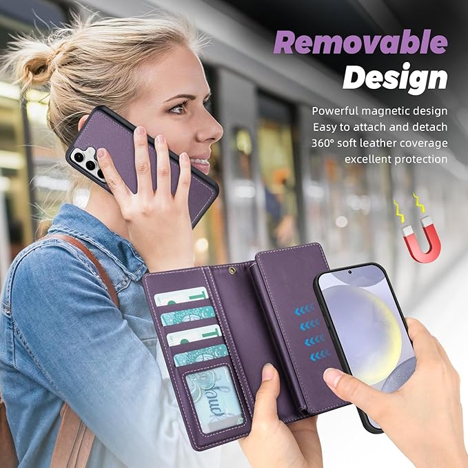 TwoHead for Samsung Galaxy S24 Plus Wallet Case with Card Holder,Detachable Magnetic Phone Case for Galaxy S24 Plus,PU Leather All-Round Protective Phone Cover Wallet with Strap(6.6 in,Deep Purple)