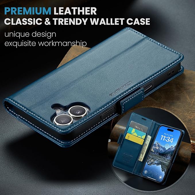 for iPhone 16 Case, Premium PU Leather Wallet Case Flip Cover with [RFID Blocking][Card Holder][Stand Function] Shockproof Protective for iPhone 16, Blue