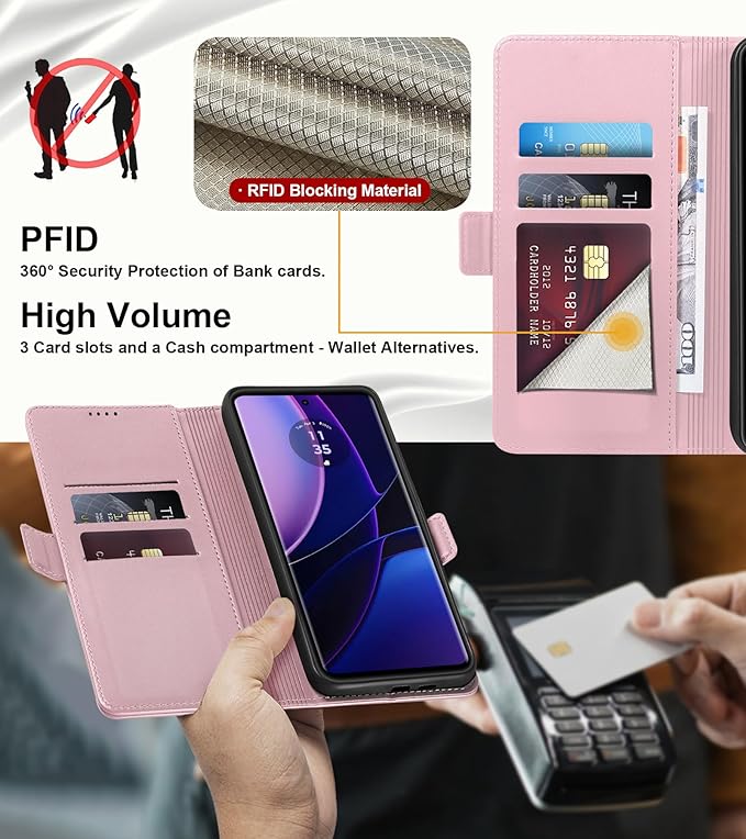 Wallet Flip Case for Motorola Edge (2023) - [RFID Blocking] Luxury PU Leather Card Holder Magnetic Phone Cover with Kickstand,Shockproof Protective Case,Pink