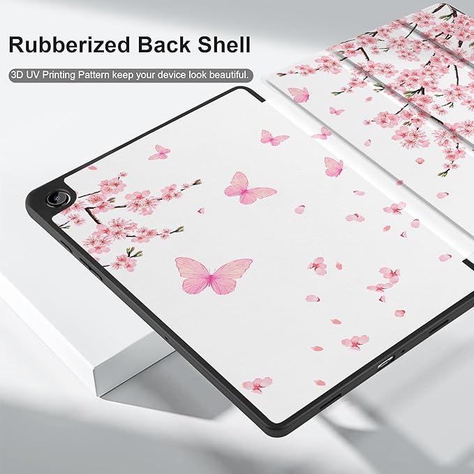 MEEgoodo Case for Samsung Galaxy Tab A9 Plus 11 inch Cover 2024 2023 with S Pen Holder, A9+ Smart Tablet Cases with Leather Trifold Stand+Soft TPU Back Shell+Smart Auto Wake/Sleep, Cherry Blossoms