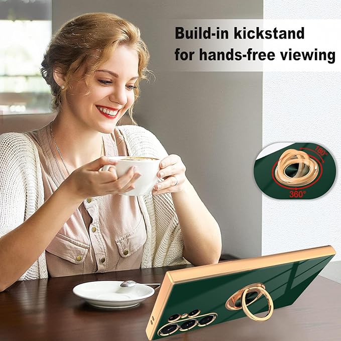 Dinick Green for Samsung Galaxy S24 Ultra Case with Ring Holder Kickstand [with Magnetic] Soft TPU Bumper, Glitter Gold Electroplated Cover Slim Thin Protective Phone Case for Galaxy S24 Ultra