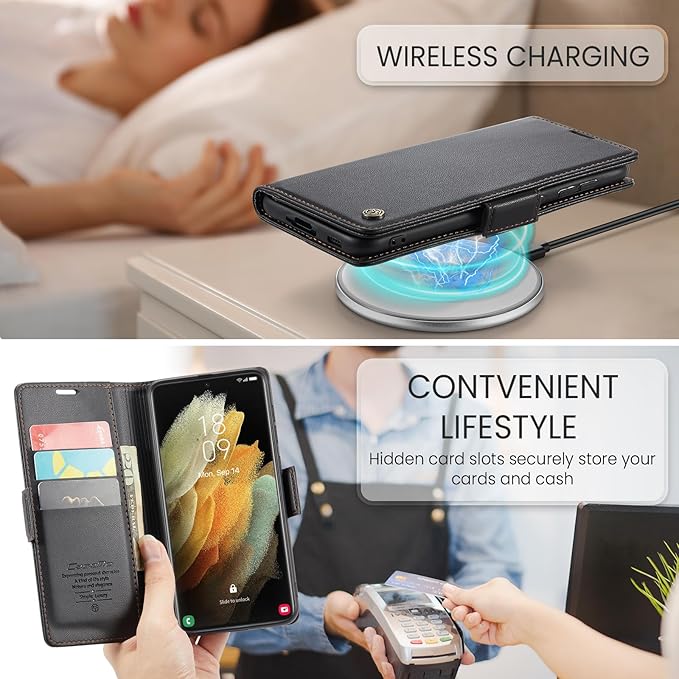 AUPAI for Samsung Galaxy S21 Ultra Wallet Case with Credit Card Holder, PU Leather RFID Blocking Folio Flip Kickstand Magnetic Clasp Protective Phone Cover for Women Men Black