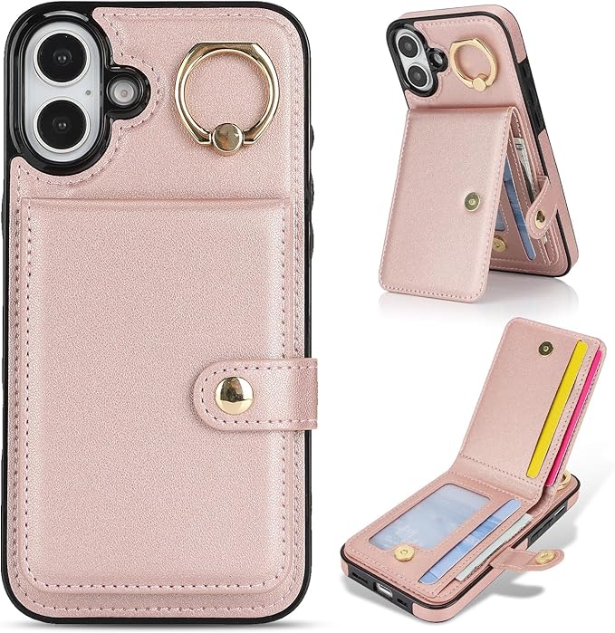 Compatible iPhone 16 Wallet Case with Card Holder RFID Blocking PU Leather Doubles as a Wallet Unisex Flip Shockproof Protection with Card Slots Ring Wrist Kickstand Function,Rose Gold