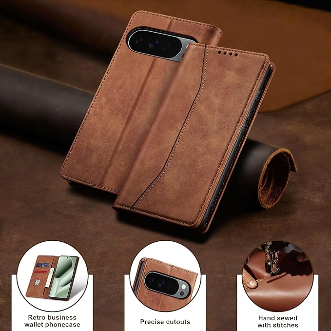 Jasonyu Flip Wallet Case for Google Pixel 10 Pro XL 5G,Leather Magnetic Folio Cover with Card Holder,Kickstand - TPU Shockproof Durable Protective Phone Case,Brown