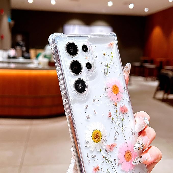 Compatible with Samsung Galaxy S23 Ultra Case Cute Pressed Dried Real Flowers Design Women Girly Shockproof Glitter Floral Clear Phone Cover S23 Ultra (Pink Flower)