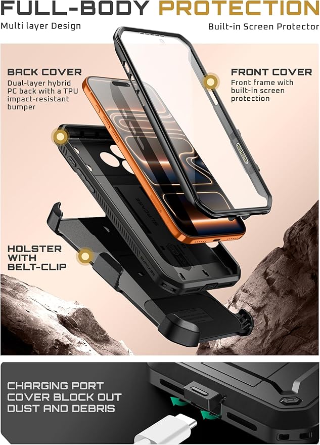 SUPCASE for iPhone 17 Pro Max Case with Camera Control Button (Unicorn Beetle Pro), [Built-in Kickstand & Screen Protector] [Military-Grade Protection] Full Body Heavy Duty Phone Case, Black