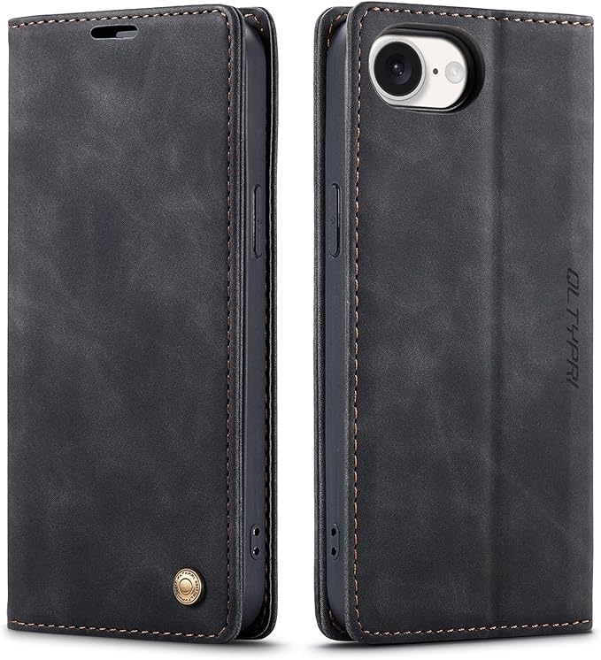 QLTYPRI Case for iPhone 16e, Vintage PU Leather Wallet Case Card Slot Kickstand Magnetic Closure Shockproof Flip Folio Cover for iPhone 16e - Black