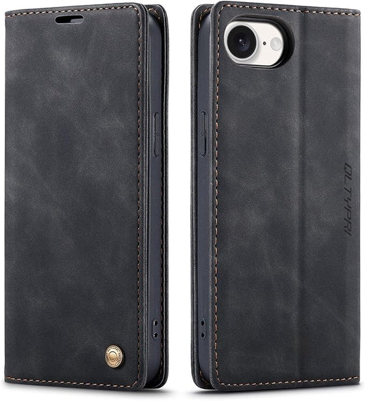 QLTYPRI Case for iPhone 16e, Vintage PU Leather Wallet Case Card Slot Kickstand Magnetic Closure Shockproof Flip Folio Cover for iPhone 16e - Black
