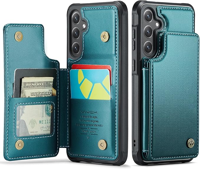Vinich for Samsung Galaxy S24 Wallet Case with Card Holder, RFID Blocking Credit Slots Kickstand Shockproof Phone Cover for Women Men, Bluish Green