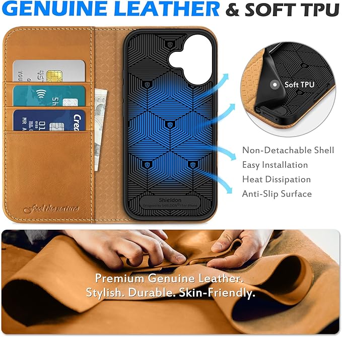 SHIELDON Leather Wallet Case for iPhone 17 5G 6.3" 2025 | RFID Blocking Credit Card Holder, Magnetic Closure, Kickstand, Folio Design, Shockproof Full Protective Cover - Retro Light Brown