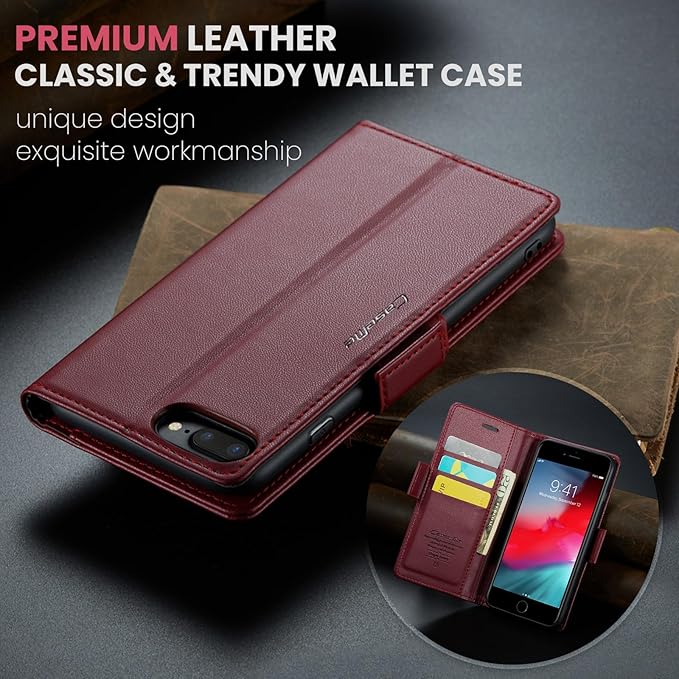 for iPhone 8 Plus & 7 Plus Case, Premium PU Leather Wallet Case Flip Cover with [RFID Blocking][Card Holder][Stand Function] Shockproof Protective for iPhone 8 Plus & 7 Plus, Red