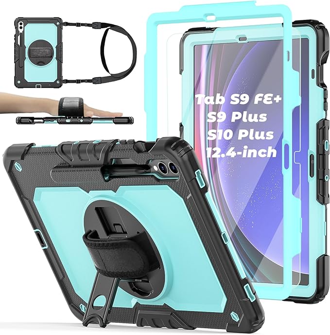 Tablet Case Compatible with Samsung Galaxy Tab S10 Plus 2024/S9 FE+/S9 Plus 5G Case 12.4-inch 2023,with Tempered Glass Screen Protector,Rotating Kickstand, Shoulder Strap (SkyBlue)
