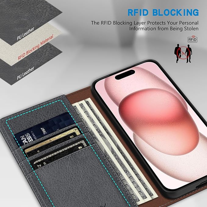 ZZXX for iPhone 15 Wallet Case with [RFID Blocking] Card Slot Stand Strong Magnetic Leather Flip Fold Protective Phone Case for iPhone 15 Case Wallet(Grey-6.1 inch)