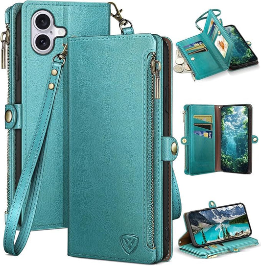 XcaseBar Compatible with iPhone 17 6.3" Wallet case with Zipper Credit Card Holder【RFID Blocking】,Flip Folio Book PU Leather Phone case Shockproof Cover Women Men for Apple 17 case Blue Green