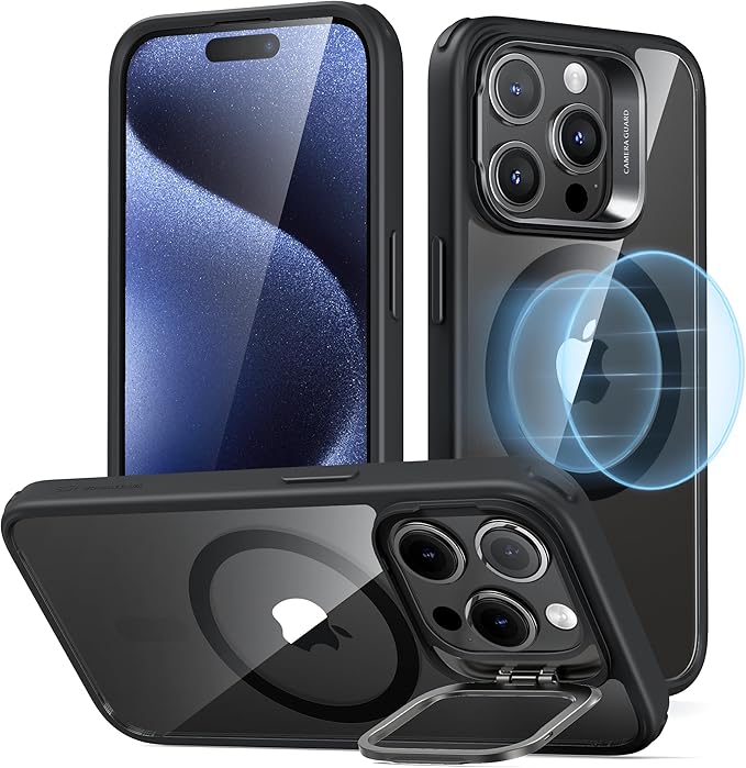 ESR for iPhone 15 Pro Case, Compatible with MagSafe, Military-Grade Protective Case, Built-in Stash Stand Phone Case, Scratch-Resistant Back Cover, Classic Series, Clear Black