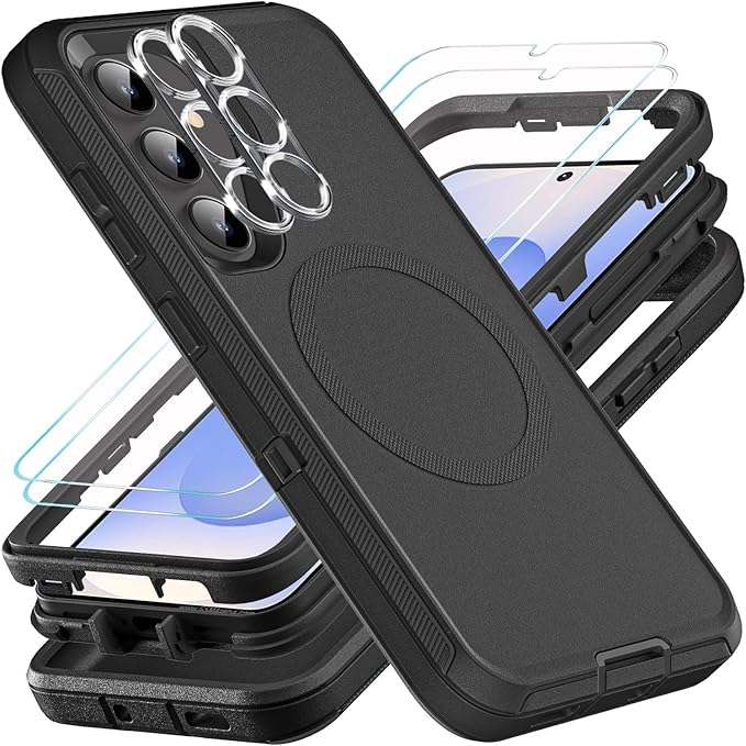 for Samsung Galaxy S25 Case, ONLY, [NOT FIT Galaxy S25 Edge/S25 Plus/S25 Ultra], Compatible with Magsafe, with 2Pcs Tempered Glass Screen Protector & Camera Lens Protector (New-Black/Black)