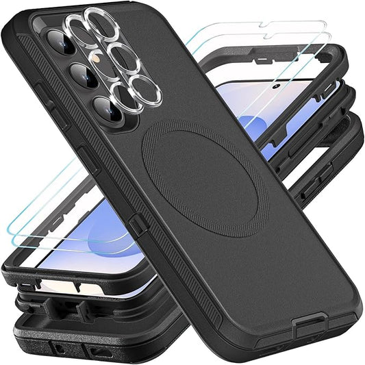 for Samsung Galaxy S25 Case, ONLY, [NOT FIT Galaxy S25 Edge/S25 Plus/S25 Ultra], Compatible with Magsafe, with 2Pcs Tempered Glass Screen Protector & Camera Lens Protector (New-Black/Black)