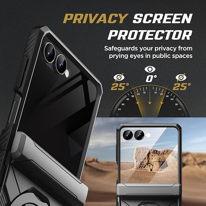 TONGATE 360° Spin Magnetic Stand for Z Flip 7 Case with Privacy Screen Protector, [Compatible with Magsafe] [Anti Spy] Full-Body Shockproof Samsung Galaxy Z Flip 7 Case with Hinge Protection, Black