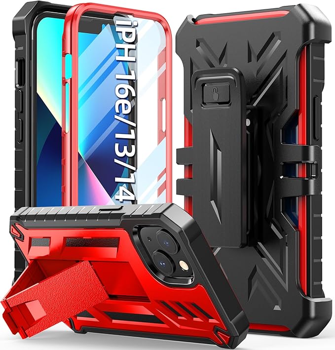 for iPhone 13/14 Protective Case: for iPhone 16e Cover with Belt Clip Holster | Durable Dual-Layer Design with Built-in Kickstand | Heavy Duty Military Grade Hard Protection Shock Proof Orange