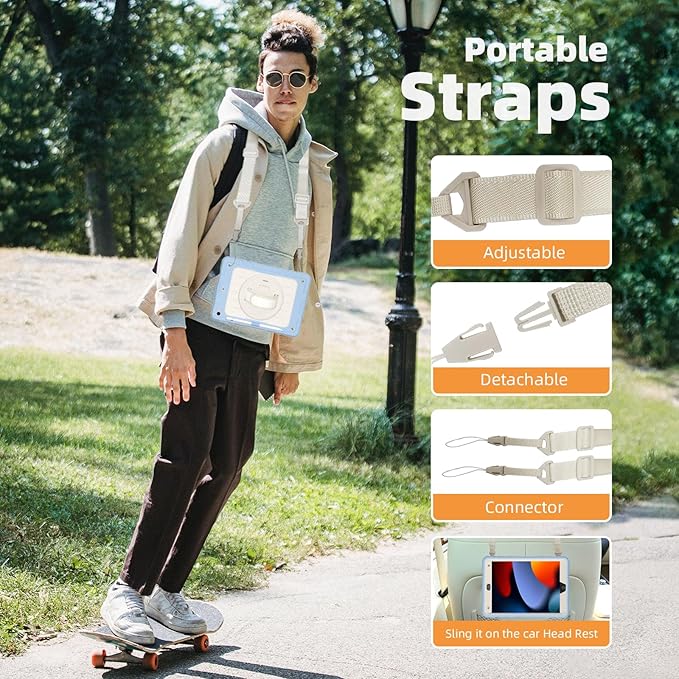 Case for iPad 9th/8th/7th Generation-Built-in Screen Protector,with Pencil Holder&360°Rotating Hand Strap,Shoulder Strap,Case for iPad 10.2 inch 2021-2019(Blue/Beige)