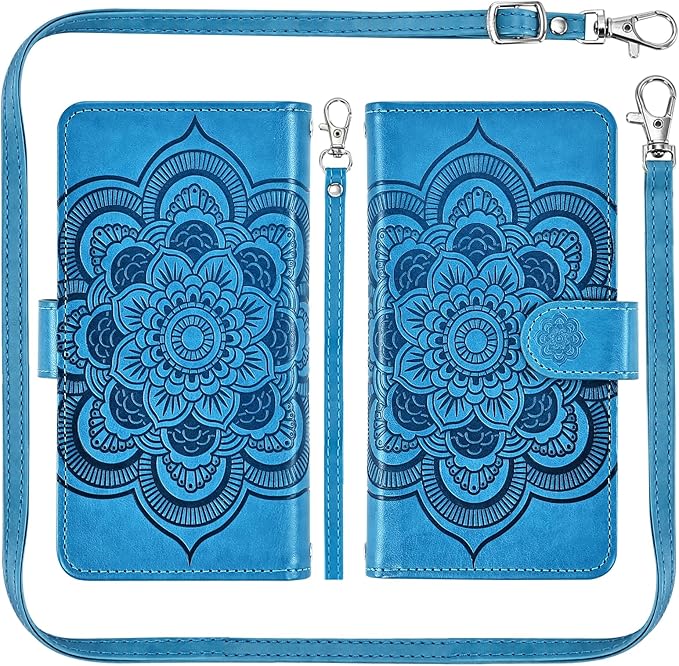 Asuwish Phone Case for iPhone 14 6.1 inch Zipper Wallet Detachable Cell Cover with Tempered Glass Screen Protector Crossbody Strap Flower Card Holder iPhone14 5G i i-Phone i14 14Case Women Girls Blue