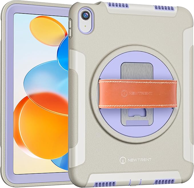 Original Rugged iPad Case for iPad 11 (A16) 11-inch (2025) & iPad 10th Gen 10.9-inch (2022) | 360° Rotating Kickstand, Genuine Leather Hand Strap, Built-in Screen Protector (Purple Grey)