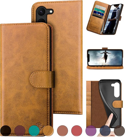 for Samsung Galaxy S23 5G Genuine Leather Wallet case 【RFID Blocking】【4 Credit Card Holder】【Real Leather】 Flip Folio Book Phone case Protective Cover Women Men for SamsungS23 case Khaki