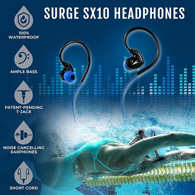 H2O Audio Surge SX10 Waterproof IPX8 Headphones –(Short Cord Design), in-Ear Noise Cancelling Earbuds for Swimming, Running, Sports – Lightweight, Secure Fit, Dynamic Bass, Memory Foam Tips