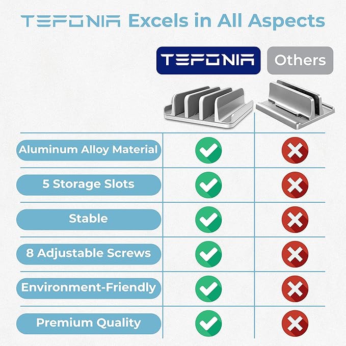 Adjustable Laptop Stand, 5 Slots, Aluminum Space-Saving, for Apple MacBook/Surface/Galaxy/Tablet/iPad/iPhone, Silver