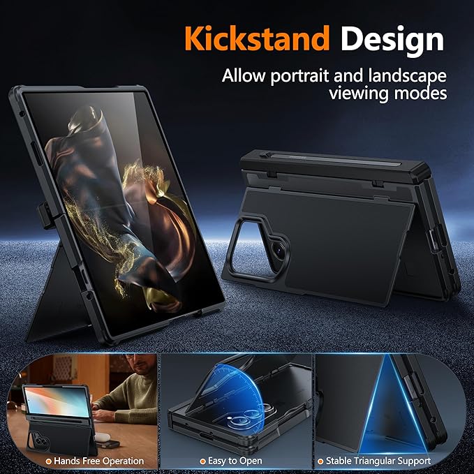 Oterkin for Samsung Galaxy Z Fold 6 Case Built-in Screen Protector [Thinner S Pen Holder & Kickstand] [Hinge Protection] Full Body Shockproof Phone Case for Z Fold 6, Black
