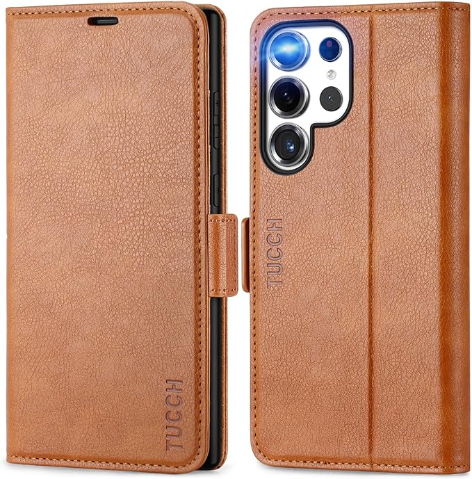 TUCCH Wallet Case for Galaxy S25 Ultra with [TPU Shockproof Interior Case] [RFID Blocking] Folio Stand Card Slot, Magnetic PU Leather Protect Folio Cover Compatible with Galaxy S25 Ultra, Light Brown