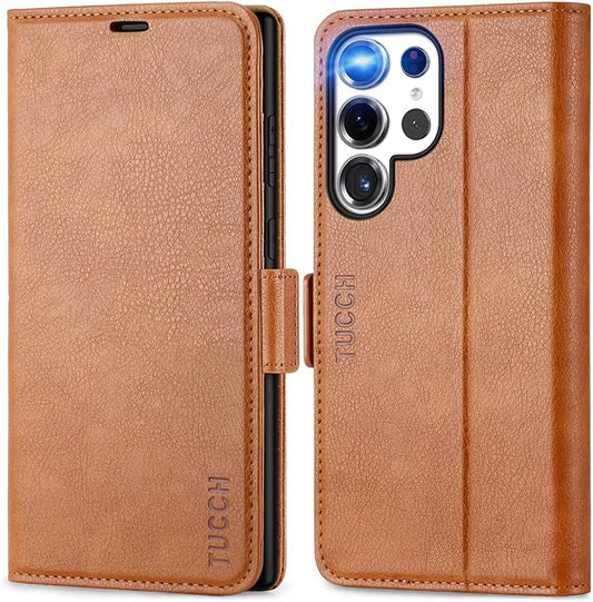 TUCCH Wallet Case for Galaxy S25 Ultra with [TPU Shockproof Interior Case] [RFID Blocking] Folio Stand Card Slot, Magnetic PU Leather Protect Folio Cover Compatible with Galaxy S25 Ultra, Light Brown