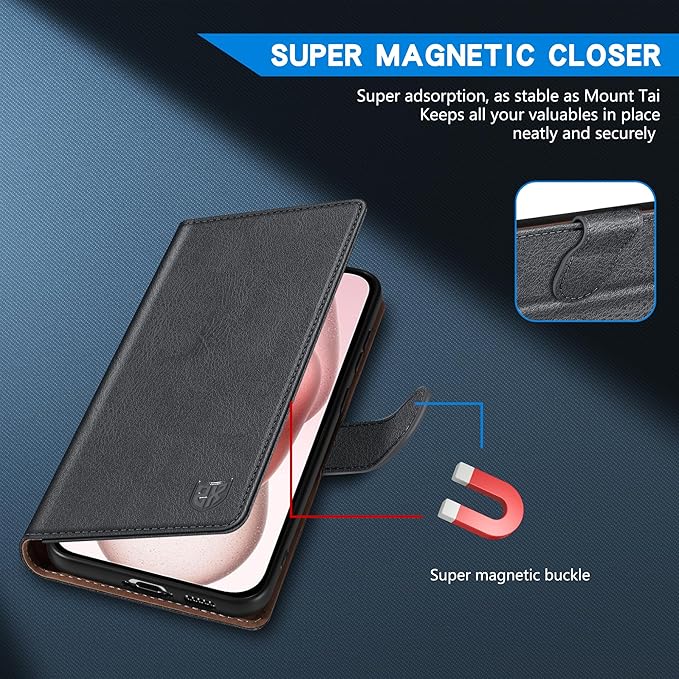 ZZXX for iPhone 15 Wallet Case with [RFID Blocking] Card Slot Kickstand Magnetic Closure Leather Flip Fold Protective Phone Case for iPhone 15 Case Wallet(Grey-6.1 inch)