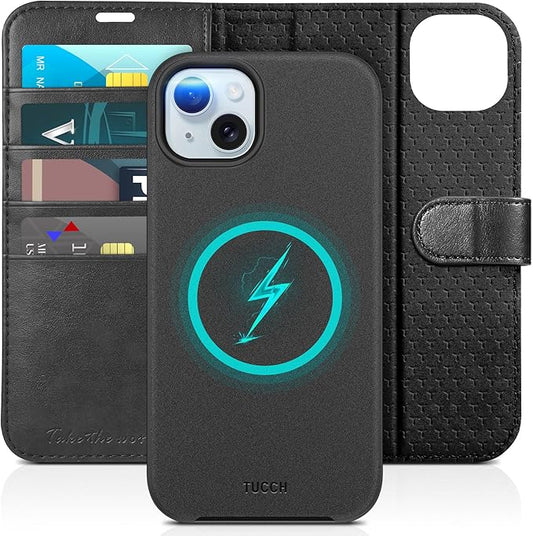 TUCCH Detachable Case Wallet for iPhone 15 Plus, Stand RFID Blocking 4 Card Slot Wireless Charging Shockproof Case, Black