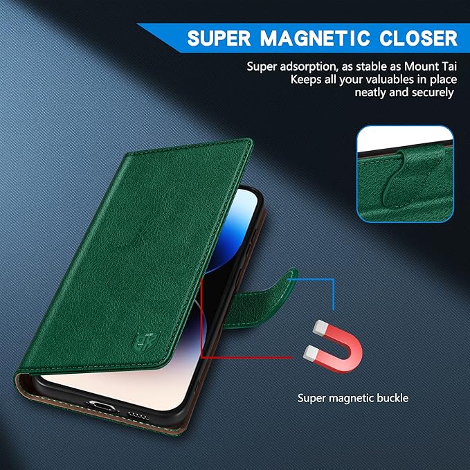 ZZXX for iPhone 14 Pro Wallet Case with [RFID Blocking] Card Slot Kickstand Magnetic Closure Leather Flip Fold Protective Phone Case for iPhone 14 Pro Case Wallet(Green-6.1 inch)