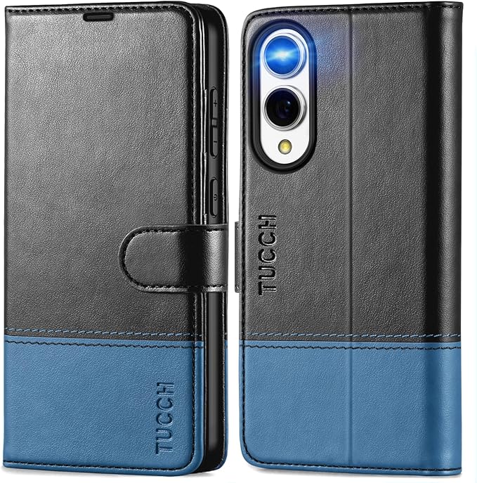 TUCCH Wallet Case for Galaxy S25 Edge, PU Leather Stand [RFID Blocking] [4 Credit Card Holders] Flip Cover with [TPU Shockproof Interior Case] Compatible with Galaxy S25 Edge 6.7", Black & Light Blue