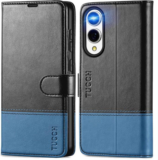 TUCCH Wallet Case for Galaxy S25 Edge, PU Leather Stand [RFID Blocking] [4 Credit Card Holders] Flip Cover with [TPU Shockproof Interior Case] Compatible with Galaxy S25 Edge 6.7", Black & Light Blue