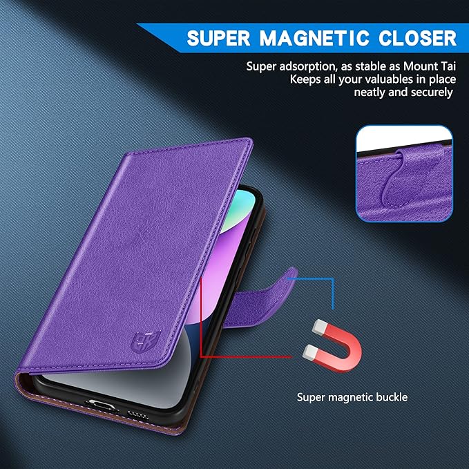 ZZXX for iPhone 14 Wallet Case with [RFID Blocking] Card Slot Kickstand Magnetic Closure Leather Flip Fold Protective Phone Case for iPhone 14 Case Wallet(Purple-6.1 inch)
