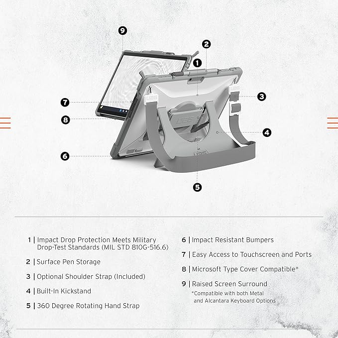 URBAN ARMOR GEAR UAG Designed for Microsoft Surface Pro 11/10/9 Case Plasma Healthcare White/Gray Dropproof Rugged Protective Cover with Multi-angle Built-in Kickstand Pen Holder Hand & Shoulder Strap