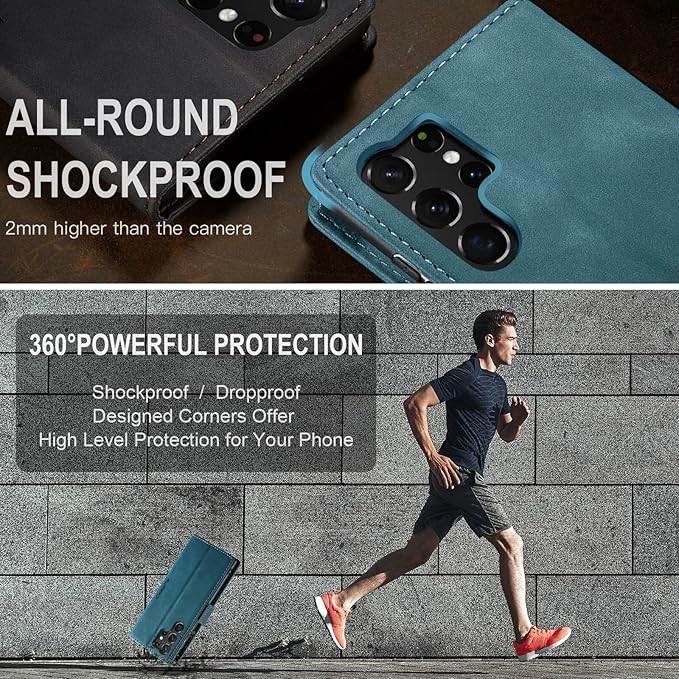 for Samsung Galaxy S23 Ultra Case, Flip Wallet Leather Case with Card Holder Magnetic Closure Shockproof Kickstand Protective Phone Cases Cover for Galaxy S23 Ultra 5G 6.8 Inch,Blue-Green