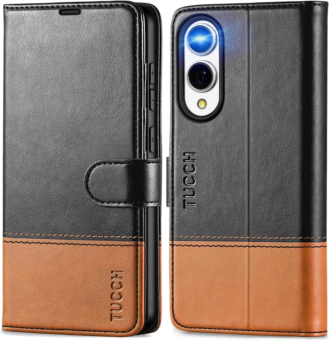 TUCCH Wallet Case for Galaxy S25 Edge 5G, Magnetic PU Leather Stand RFID Blocking [4 Card Slots] Folio Protective Cover with TPU Shockproof Inner Shell Compatible with Galaxy S25 Edge, Black & Brown