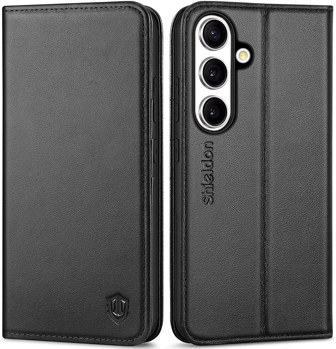 SHIELDON Wallet Case for Galaxy S25 6.2", Genuine Leather Folio Case with Kickstand RFID Blocking Card Holder Magnetic Full Protection Phone Cover Compatible with Galaxy S25 5G 2025 - Nappa Black