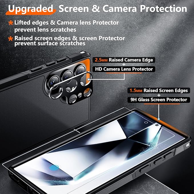 Red2Fire for Samsung Galaxy S24 Ultra Case, with 2Pcs [Tempered Glass Screen Protector+Camera Protector][Military Grade Shockproof] Heavy Duty Full Body Protection Phone Case for S24 Ultra Case,Black