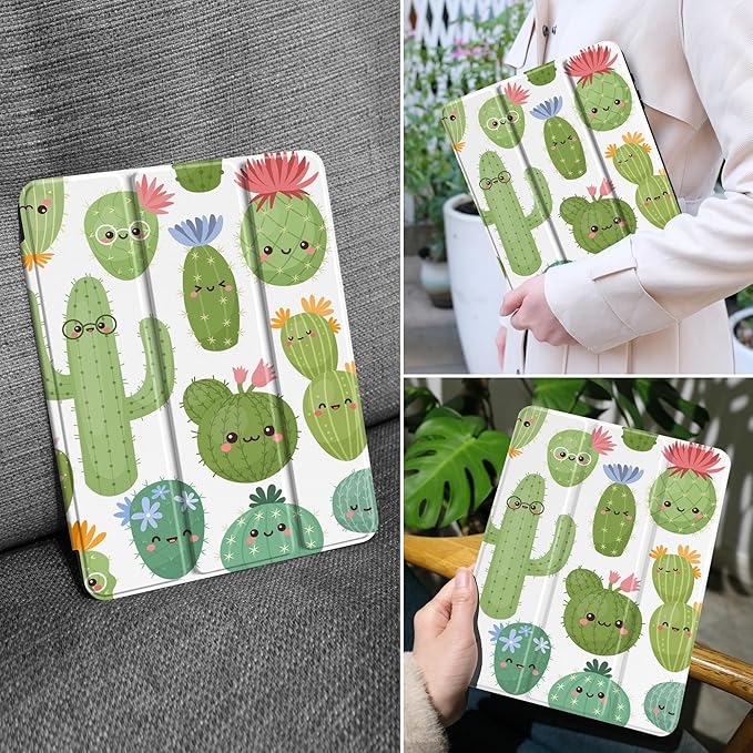 MEEgoodo Case for Samsung Galaxy Tab A9 Plus 11 inch Cover 2024 2023 with S Pen Holder, A9+ Smart Tablet Cases with Leather Trifold Stand+Soft TPU Back Shell+Smart Auto Wake/Sleep, Smiley Cactus