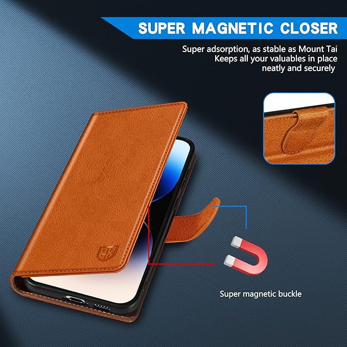 ZZXX for iPhone 14 Pro Wallet Case with [RFID Blocking] Card Slot Kickstand Magnetic Closure Leather Flip Fold Protective Phone Case for iPhone 14 Pro Case Wallet(Brown-6.1 inch)