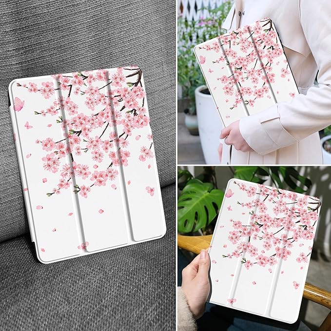 MEEgoodo Case for Samsung Galaxy Tab A9 Plus 11 inch Cover 2024 2023 with S Pen Holder, A9+ Smart Tablet Cases with Leather Trifold Stand+Soft TPU Back Shell+Smart Auto Wake/Sleep, Cherry Blossoms
