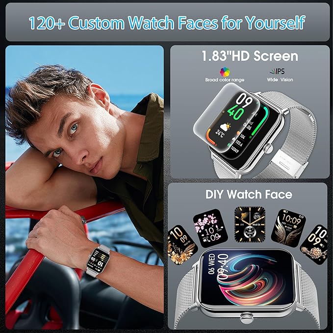 Smart Watch for Men Women(Answer/Dial Calls) 1.83" HD Fitness Step Tracker Watch with Heart Rate, Sleep & Stress,IP68 Waterproof/120+ Sports Modes for IOS/Android, Silver Metal/2 Watchs Bands